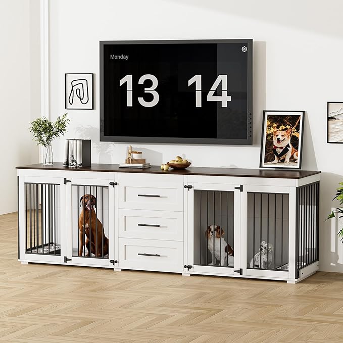 Rophefx 94.5" Dog Crate Furniture for 2 Dogs, Large Dog Kennel Furniture with 3 Storage Drawer, Wooden Dog Cage with 4 Bowls, Indoor Dog House TV Stand with Locks for Large Medium Dog, White