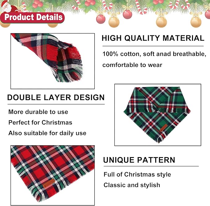 ADOGGYGO Christmas Dog Bandanas with Tassels, Festive Red Green Plaid Xmas Scarf Bib, Soft Cotton Fabric, Pet Christmas Bandanas for Extra Large Dogs (X-Large)