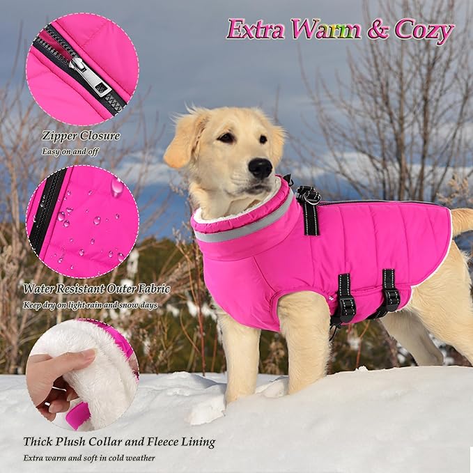 Dogcheer Dog Coat, Waterproof Dog Jacket with Harness, Reflective Adjustable Puppy Winter Coat with Zipper, Christmas Pet Snow Jacket Clothes for Small Medium Large Dogs - Pink L