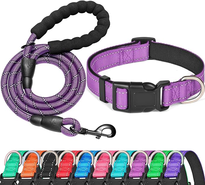 Reflective Dog Collar Padded with Soft Neoprene Breathable Adjustable Nylon Dog Collars for Small Medium Large Dogs (Small (Pack of 1), Purple Collar+Leash)