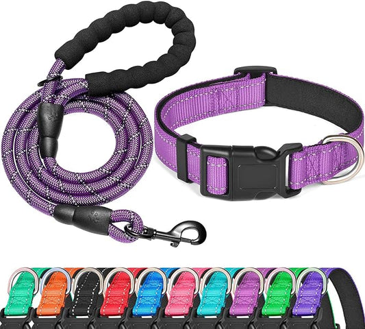 Reflective Dog Collar Padded with Soft Neoprene Breathable Adjustable Nylon Dog Collars for Small Medium Large Dogs (Small (Pack of 1), Purple Collar+Leash)