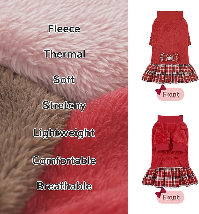 YUDODO Fleece Small Dog Sweater Dress with Bowtie, Female Fall Winter Warm Dog Clothes, Princess Sweater Dress for Small Dogs Girl (Red, Large)