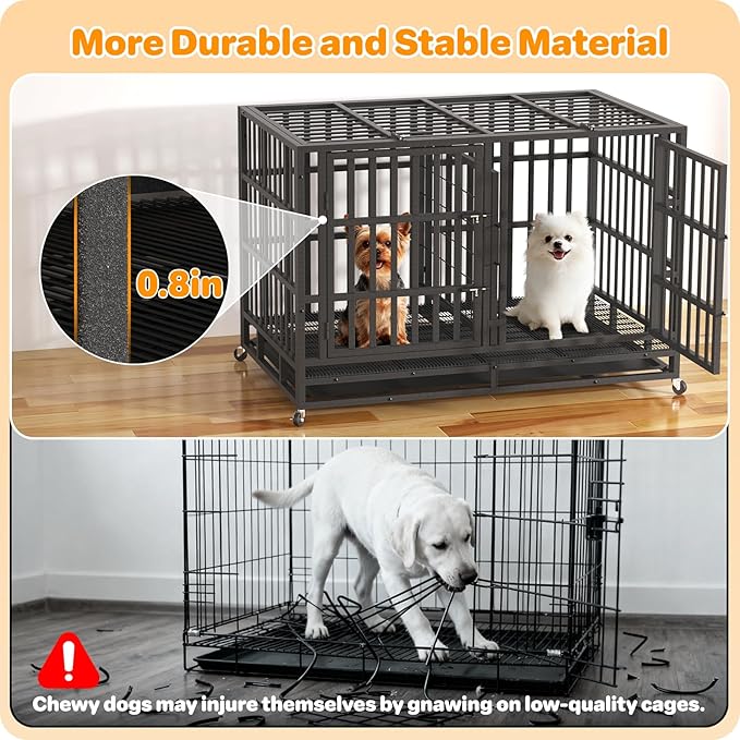 Heavy Duty Indestructible Dog Crate 48 Inch with Removable Tray, Sizes & Colors Optional, Escape Proof Double Door High Anxiety Cage Indoor, Kennel with Wheels for Large Dogs, XL XXL XXL