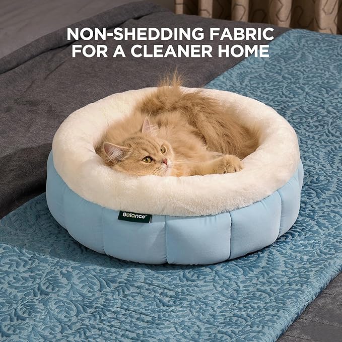 BALANCE Cat Beds for Indoor Cats, Washable Round Cat Bed, Cute Kitten Bed with Anti-Slip Bottom for Kitty and Puppy, 18 Inches, Dream Blue