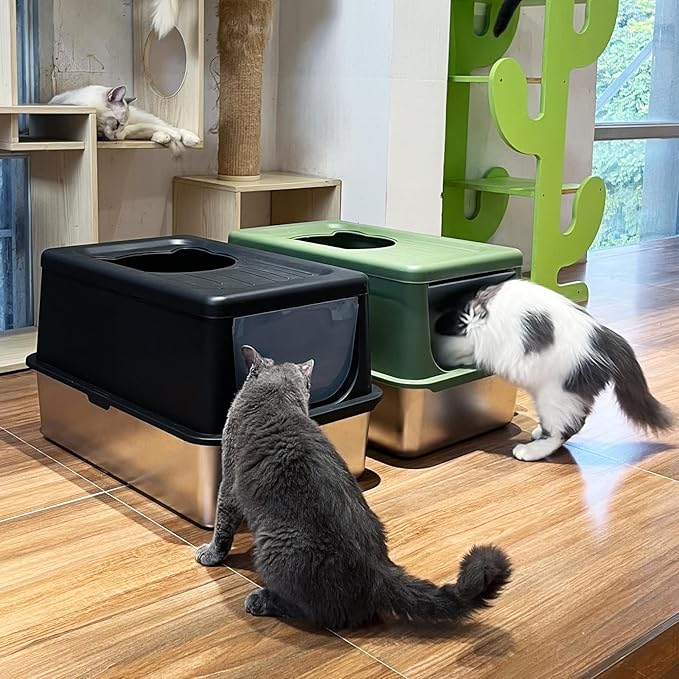 Stainless Steel Litter Box with Lid, Extra Large Cat Box with high Sides, Kitty Litter Pan Enclosure, top Entry Cat Litter Box Extra Large with Litter Scoop & Litter Mat, Anti-Leakage (XL Black)