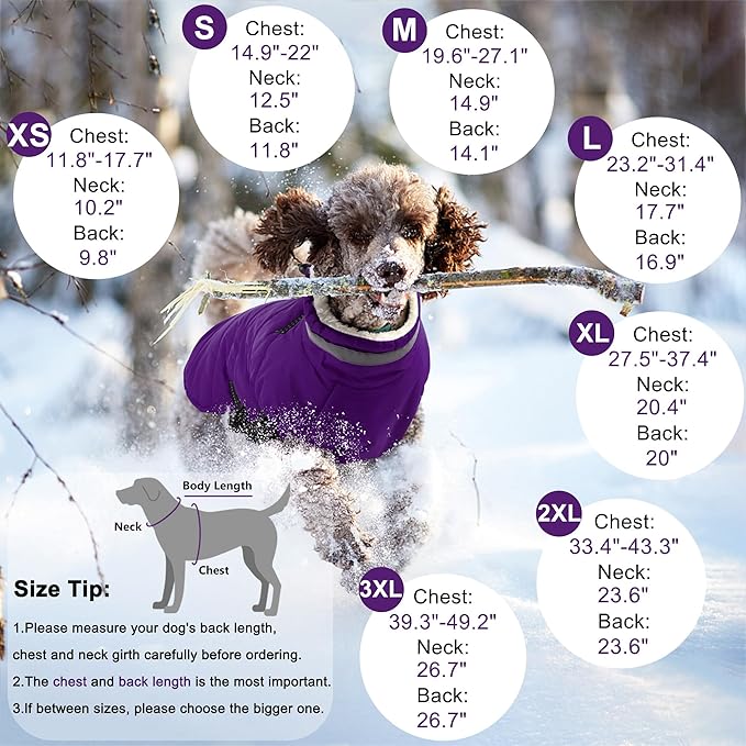Dogcheer Dog Coat with Harness, Waterproof Dog Jacket Adjustable Pet Winter Coat with Zipper, Christmas Puppy Snow Jacket Fleece Sweater for Small Medium Large Dogs - Purple L