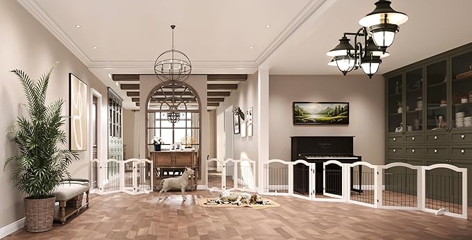 Vantas Folding No-Assembly Dog Door Pet Gate 144" Wide, 30" Tall Wooden Dog Gate with Door Walk Through, Freestanding Wire Pet Gate, Pet Puppy Safety Fence, with 2PCS Support – White