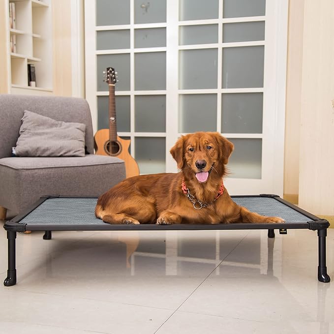 Veehoo Chew Proof Elevated Dog Bed - Cooling Raised Pet Cot - Rustless Aluminum Frame and Durable Textilene Mesh, Unique Designed No-Slip Feet for Indoor or Outdoor Use, Black Silver, X Large
