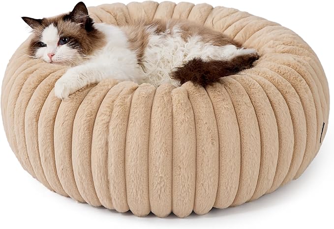 Bedsure Cat beds for Indoor Cats - Donut Dog Beds for Small Dogs with Corduroy Fleece & Anti Slip Bottom, Faux Fur Pet Beds with Washable Removable Cover, Sandy Beige, 20x20x6 inches