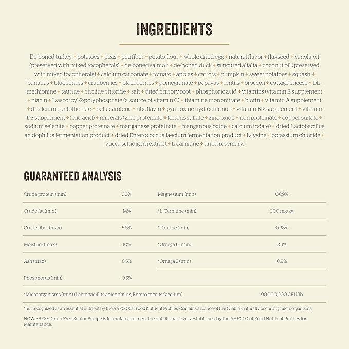 Now Fresh Grain-Free, Dry Cat Food, Turkey, Salmon and Duck Kibble, Real Meat and Fish Senior Recipe, 3 lb Bag