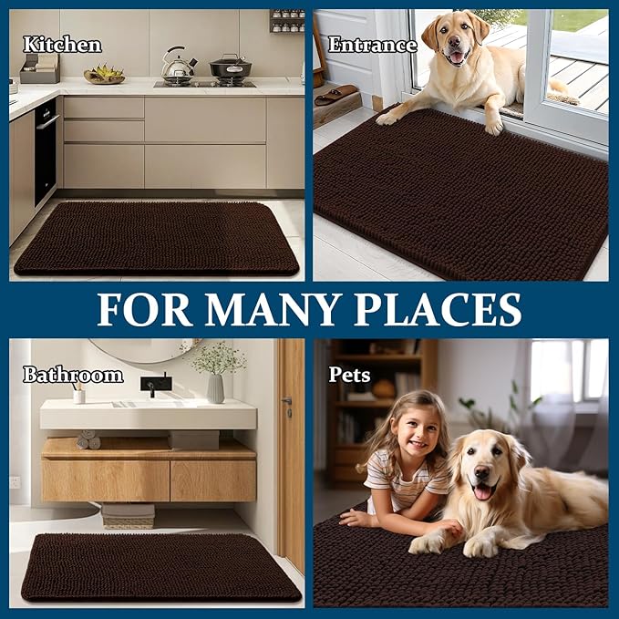 OLANLY Dog Door Mat for Muddy Paws 70x24, Absorbs Moisture and Dirt, Absorbent Non-Slip Washable Doormat, Quick Dry Chenille Mud Mat for Dogs, Entry Indoor Entryway Carpet for Inside Floor, Brown