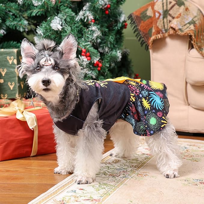 CuteBone Happy New Year Dog Dresses Velvet Holiday Small Dogs Clothes Onesie Pet Apparel Girl Puppy Skirt with Bow Hair Rope CVA56S-D