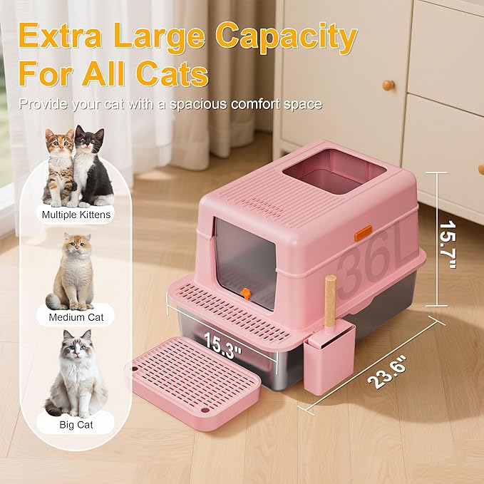 Stainless Steel Litter Box with Lid, 20L Metal Enclosed Litter Box for Big Cat, Flip-Top Design with Anti-Leakage High Sides, Large Cat Lovers Gifts, Pink
