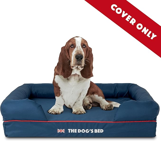 The Dog's Bed Replacement Outer Cover ONLY (Outer Cover ONLY - NO Bed, NO Waterproof Inner) for The Dog's Bed, Washable Oxford Fabric, Large (Blue with Red Piping UK Embroidery Flag)