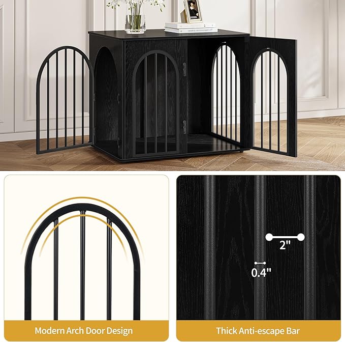 26.8'' Wooden Dog Crate Furniture, Indoor Dog Kennel Dogs Cage for Small Dogs, Heavy Duty Dog Crates Decorative Pet House End Side Table TV Stand, Black DFC85504B