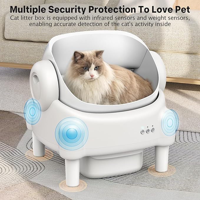 Automatic Litter Box,Open Top Self Cleaning Litter Box with App Control for Multiple Cats, Safety Sensors Protection, Odor Control Includes 2 roll Liners,Large Waste Bin, Cream White