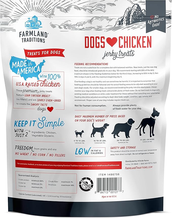 Farmland Traditions Dogs Love Chicken Jerky Dog Treats, Premium Two-Ingredient Dog Jerky with USA-Raised Chicken & No Antibiotics Ever, 3-Pound Bag
