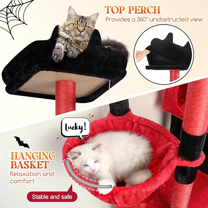 Globlazer Extra Large Gothic Cat Tower, 81-inch Tall Goth Cat Tree for Big Cats 20 lbs, XXL Heavy Duty Cat Scratching Tower for Indoor Adult Cats with 3 Cat Condos, 8 Scratching Posts, F81, Black Red