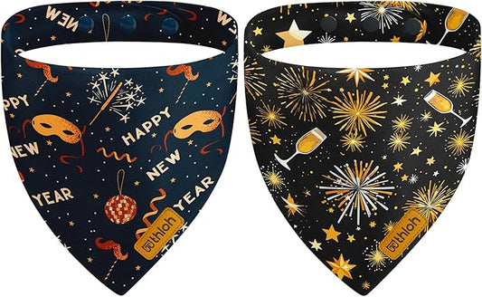 Happy New Year Dog Bandanas with Snap Button, 2 Pack Adjustable Bandanas for Small, Medium, and Large Dogs, Pet Scarf for Holiday Costume Accessory & Photo Shoot (Large)
