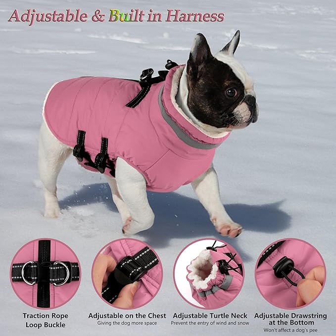 Dogcheer Dog Coat with Harness, Waterproof Dog Jacket Adjustable Winter Coat with Zipper, Christmas Puppy Snow Jacket Fleece Sweater for Small Medium Large Dogs - Light Pink XL