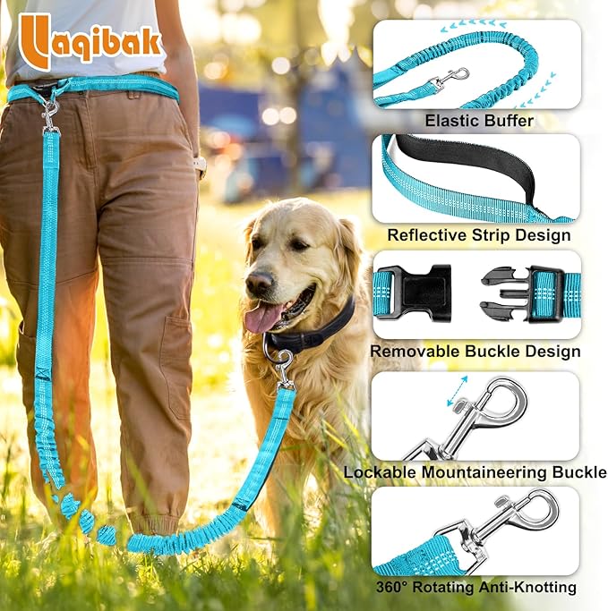 Hands Free Dog Leash, Adjustable Waist Leash for Dog Walking, Dual Handle Bungee Dog 4.2-6.7 Feet Long with Reflective Stitches for Walking Hiking Running, Fits 26"- 43" Inch Waist, Blue