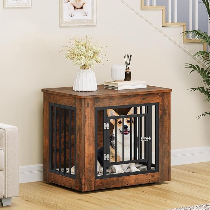 YITAHOME 27.2" L Dog Crate Furniture for Medium Dogs, 2-in-1 Iron-Wood Fusion Dog cage Indoor up to 30 lb, Side End Table, Modern Dogs Kennel with Waterproof Top, Safety Corners,Steel Lock,Rustic