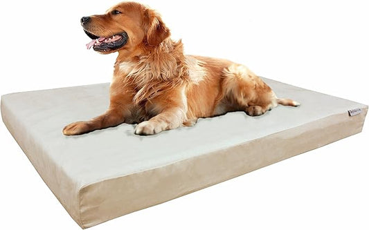 Dogbed4less Extra Large True Orthopedic Memory Foam Dog Bed, Waterproof Liner and Microsuede Khaki External Cover, Gel Cooling 40X35X4 Pad