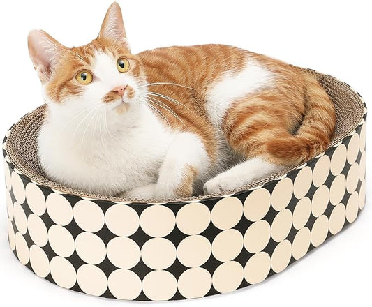 FUKUMARU Cat Scratcher Cardboard Lounge Bed, 2-in-1 Cat Scratch Pad, Oval Cats Scratching Board Indoor, Durable Modern Kitty Scratcher Bowl, Cats Scratch Furniture Protector, Polka Dot