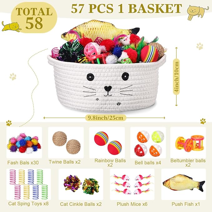 Zopeal 58 Pcs Cat Storage Basket Gift Toys Set, Colorful Flashing Balls Pet Bell Crinkle Balls Spring Toys Attract Cat to Swat, Bite, Hunt, Interactive for Pet(White,9.8 Inch)