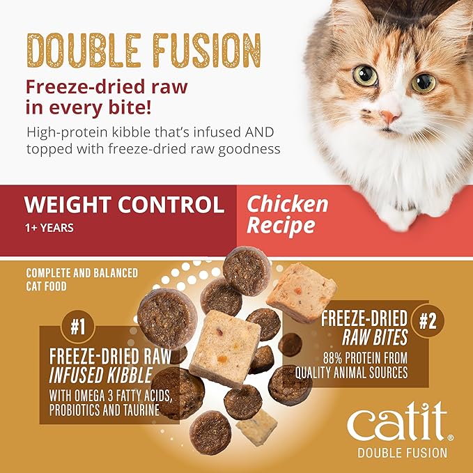 Catit Recipes Double Fusion Weight Control Cat Food – Chicken Recipe, High-Protein, Freeze-Dried Raw Toppings, No by-Products, Minimally Processed, Balanced Nutrition, 10 lb