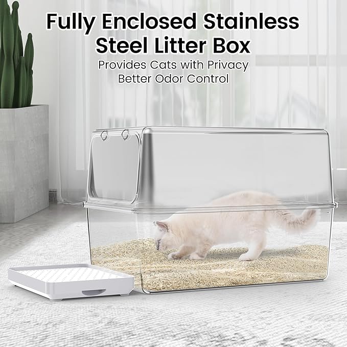 Stainless Steel Litter Box with Lid – Dog Proof, XL Enclosed Metal, High Side, Odor Control, for Big Cats & Multi-Cat Household, Top and Front Entry (Grey Silicone Edge)