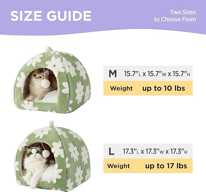 Lesure Cute Cat Beds for Indoor Cats - 2 in 1 Cat Cave Bed for Kittens and Small Pets with Removable Washable Cushioned Pillow, Cozy Ktten Tent with Non-Slip Bottom, Green, 16 inches