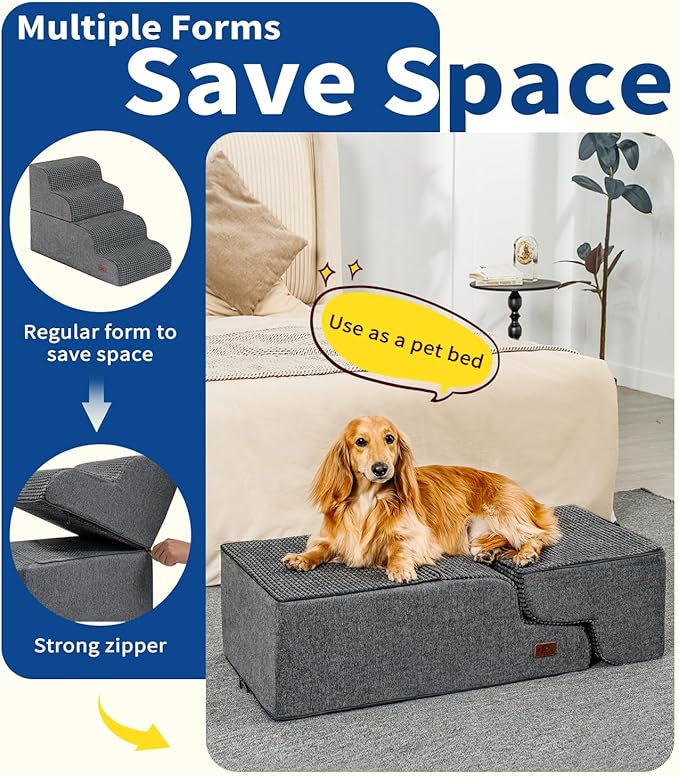 Dog Step for Bed, Dog Stair 3-Step 35D Pet Stair 15.7" H for High Bed or Sofa Non-Slip Balanced Pet Step Indoor, Grey