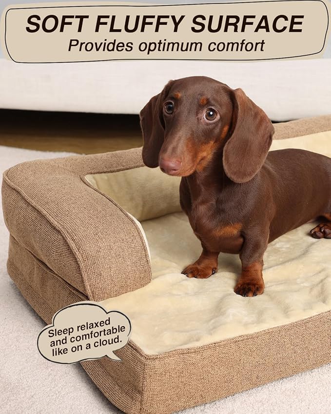 KSIIA Washable Dog Bed Medium Size Dog U-Shaped Bolster Pet Couch with Removable Waterproof Cover, Non-Slip Bottom and Egg-Crate Orthopedic Foam Pet Bed, 35 x 22 Inch, Brown
