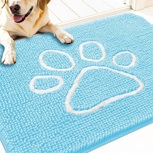 OLANLY Dog Door Mat for Muddy Paws 30x20, Paw Print Design, Absorbs Moisture and Dirt, Absorbent Non-Slip Washable Doormat, Quick Dry Chenille Mud Mat for Dogs, Entry Indoor Entryway Carpet, Blue