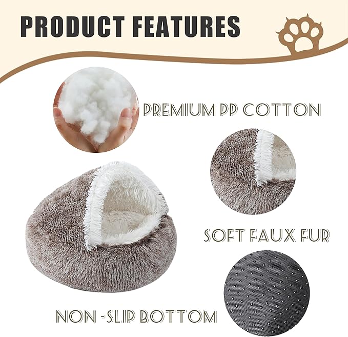 Round Plush Hooded Cat Bed, Cozy Nest Dog Beds, Cats Bed Calming Puppy Doughnut Beds with Cover Cave, Anti-Slip Bottom Washable Pets Sleeping Bag (Coffee, M, 23.6×23.6Inch)