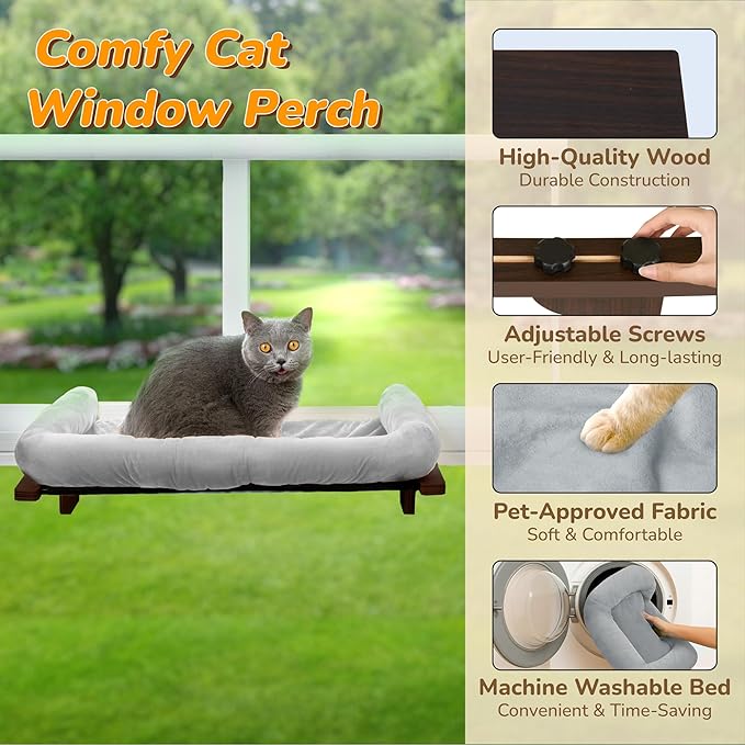 45LBS Capacity Cat Window Perch with Bolster, Hammock Seat with Plywood & Metal Frame, Cat Window Bed for Indoor Cats & Kitten, Extra Cood Pad (Walnut Wood & Gray Cushion, 24.8''W x 9.4''H)