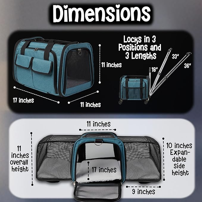 Pet Carrier with Wheels | United Delta American Frontier Airline Approved | Two Expandable Sides, Storage Pockets Adjustable Leash | Rolling Dog and Cat Carrier TSA Compliant (Blue 17x11x11)