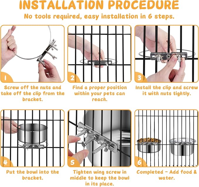 Stainless Steel Dog Bowls, ShineMe 40oz & 60oz No Spill Dog Crate Water and Food Bowls with Hanging Hook for Kennel, Cage and More, 7.0 x 3.7” & 6.2 x 2.5” Feeder Dish for Large and Medium Dogs