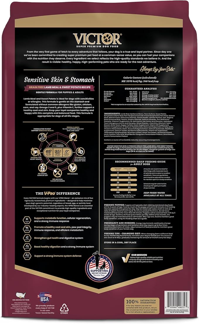 VICTOR Super Premium Dog Food— Sensitive Skin and Stomach— Grain Free Lamb Meal and Sweet Potato Recipe Dry Kibble— Gluten Free, No Chicken, Ideal for Dogs with Allergies — Adult and Puppy Food, 15 lb