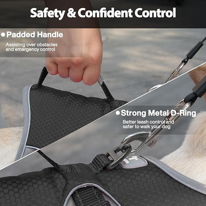 Huntboo Escape Proof Dog Harness, Escape Artist Harness, Reflective Dog Harness with Handle, Durable,Adjustable Vest for Small Medium Large Dogs Walking, Training, and Running Gear(Black, XL)