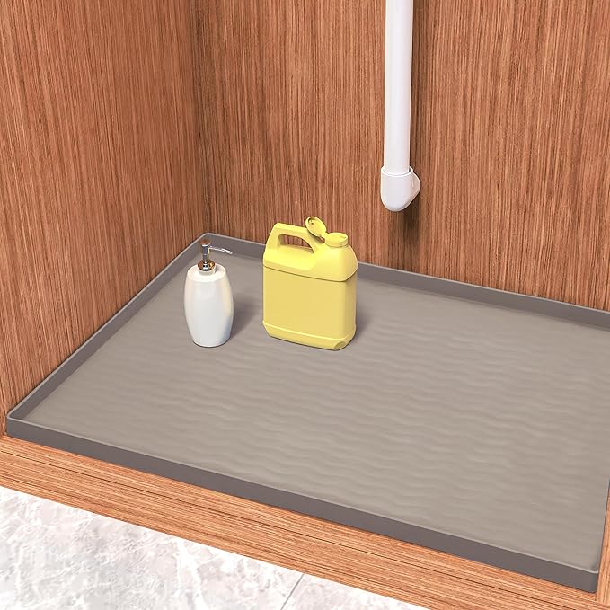 URMONA Waterproof Silicone Under Sink Mat 16'' x 10'' Shelf Liner for Kitchen and Bathroom, Cabinet and Counter Protector, Storage and Organizers, Litter Mat, Pet Cat Puppy Essentials(Beige)