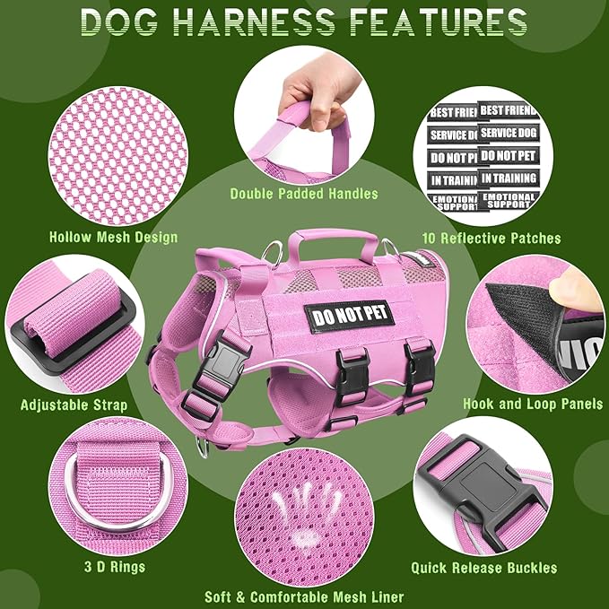WINSEE Mesh Dog Harness with 10 Pet Patches for Large Service Dog in Training, Breathable Tactical Molle Vest with Double Handle, Reflective Military Pet Vest for Walking Hiking