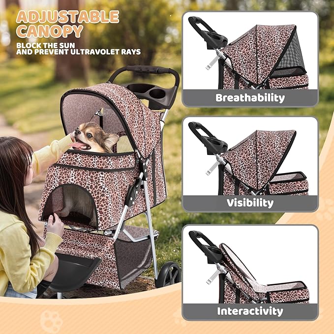 Magshion 3-Wheel Pet Stroller, Foldable Travel Jogger for Small & Medium Dogs & Cats (Up to 33lbs), Lightweight Carrier with Breathable Mesh Cover, Cup Holder & Storage Basket, Leopard Print