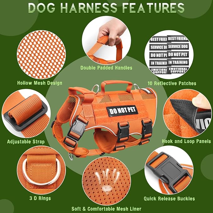 WINSEE Mesh Dog Harness with 10 Pet Patches for Large Service Dog in Training, Breathable Tactical Molle Vest with Double Handle, Reflective Military Pet Vest for Walking Hiking