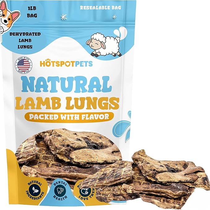Hotspot Pets Premium Raw Single Ingredient Lamb Lung Dog Treats - 1lb Big Bag All-Natural, Made in USA - High Protein, Low Fat -Dehydrated for Freshness - A Rawhide Alternative for All Dogs