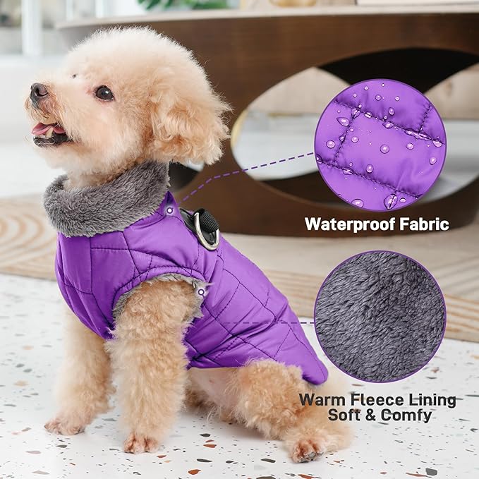 Warm Fleece Dog Coats with Durable Harness Buitl in D-Ring,Waterproof Doggie Jacket for Medium Dogs,Dog Vest for Cold Winter,Purple L
