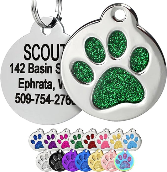 GoTags Paw Print Round Stainless Steel Pet Tag for Dogs and Cats, Personalized with 4 Lines of Custom Engraved ID Name and Number, in Stainless Steel and 15 Colors Small and Large, Glitter Green