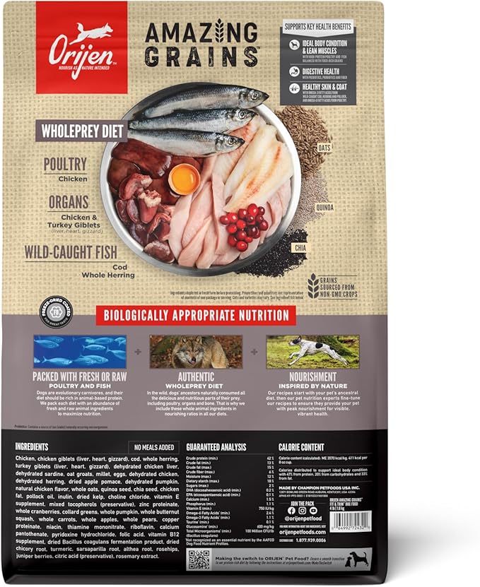 ORIJEN Amazing Grains High Protein Dry Dog Food Fit & Trim Recipe 4lb Bag