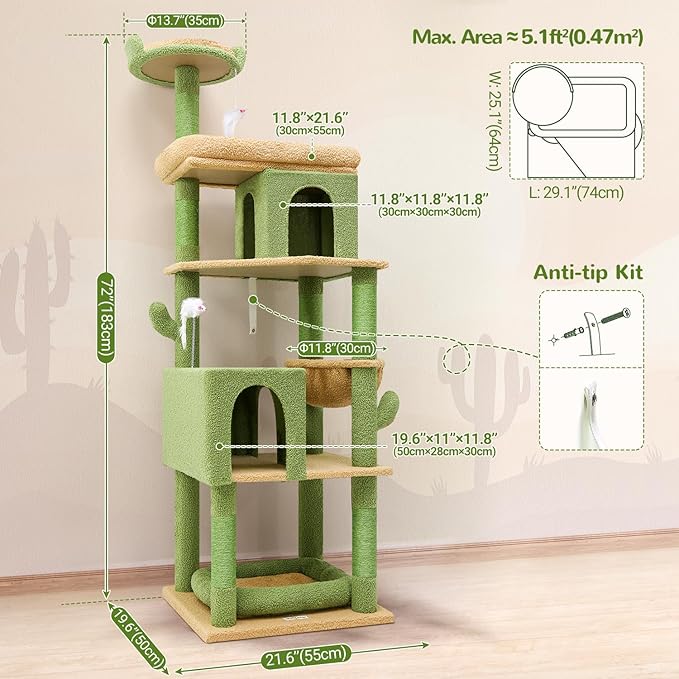 Globlazer S72 Heavy Duty Cactus Cat Tree for Large Cats, Sturdy 72in Maine Coon Cat Tree with 6 Scratching Posts, Hammock